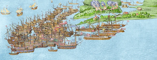 The French fleet becalmed and the attack on the Isle of Wight, 1545 (detail)